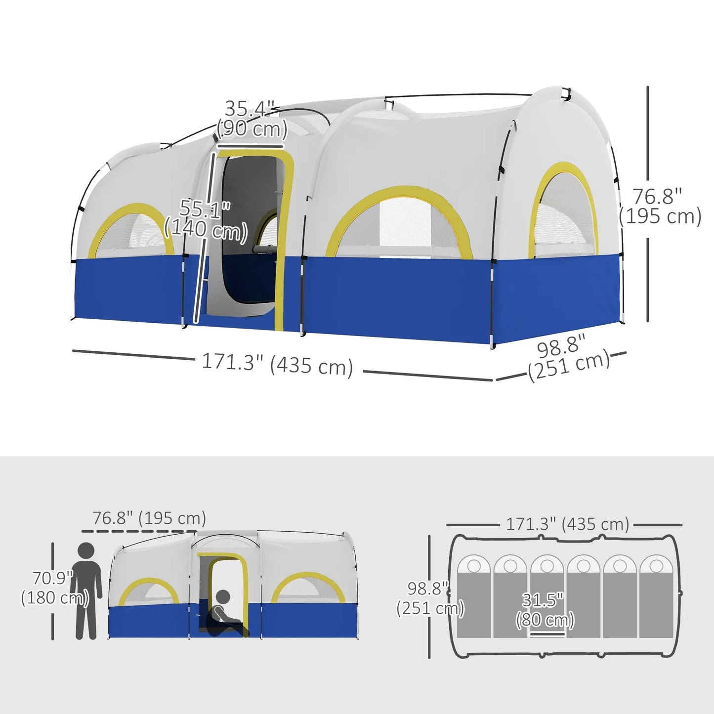 Spacious 3-Room Family Camping Tent – Waterproof 4-6 Person Cabin Shelter with UV Protection Munipo