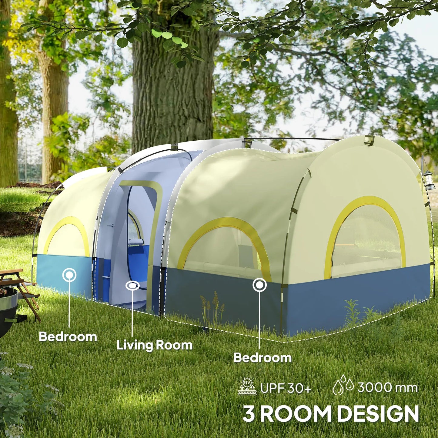 Spacious 3-Room Family Camping Tent – Waterproof 4-6 Person Cabin Shelter with UV Protection Munipo
